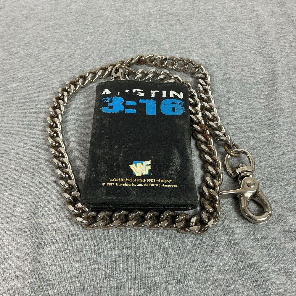 Vintage Stone Cold Steve Austin 3:16 Leather Wallet Black WWF WWE Skull w/ Chain